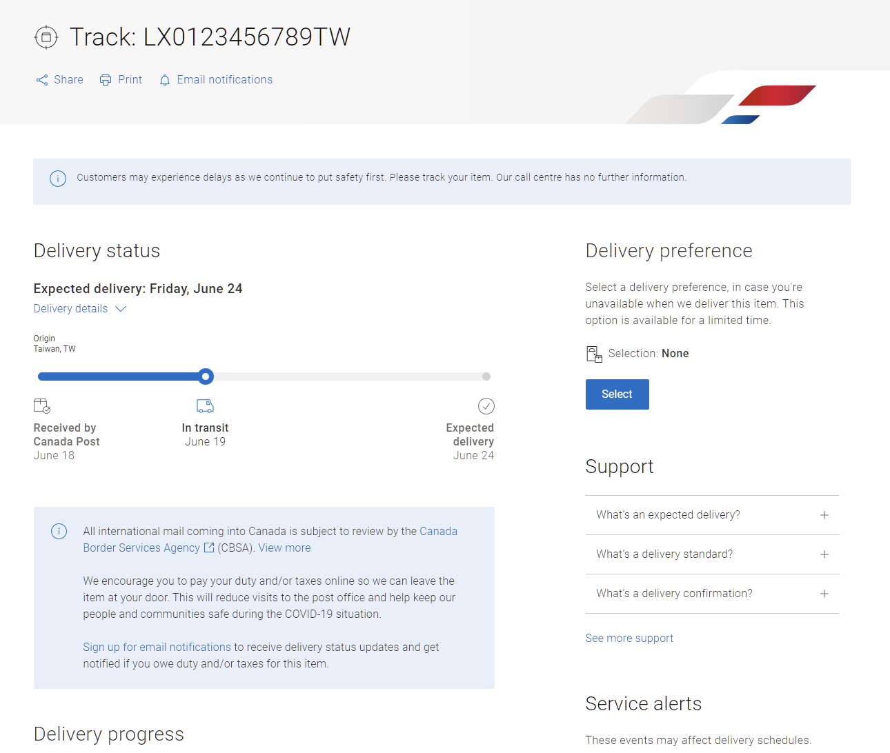 The delivery status page on Canada Post website.